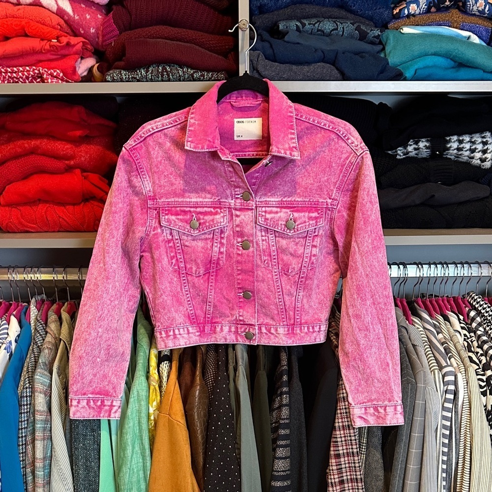 Asos pink acid wash long sleeve front button 2 pocket denim jacket size 0